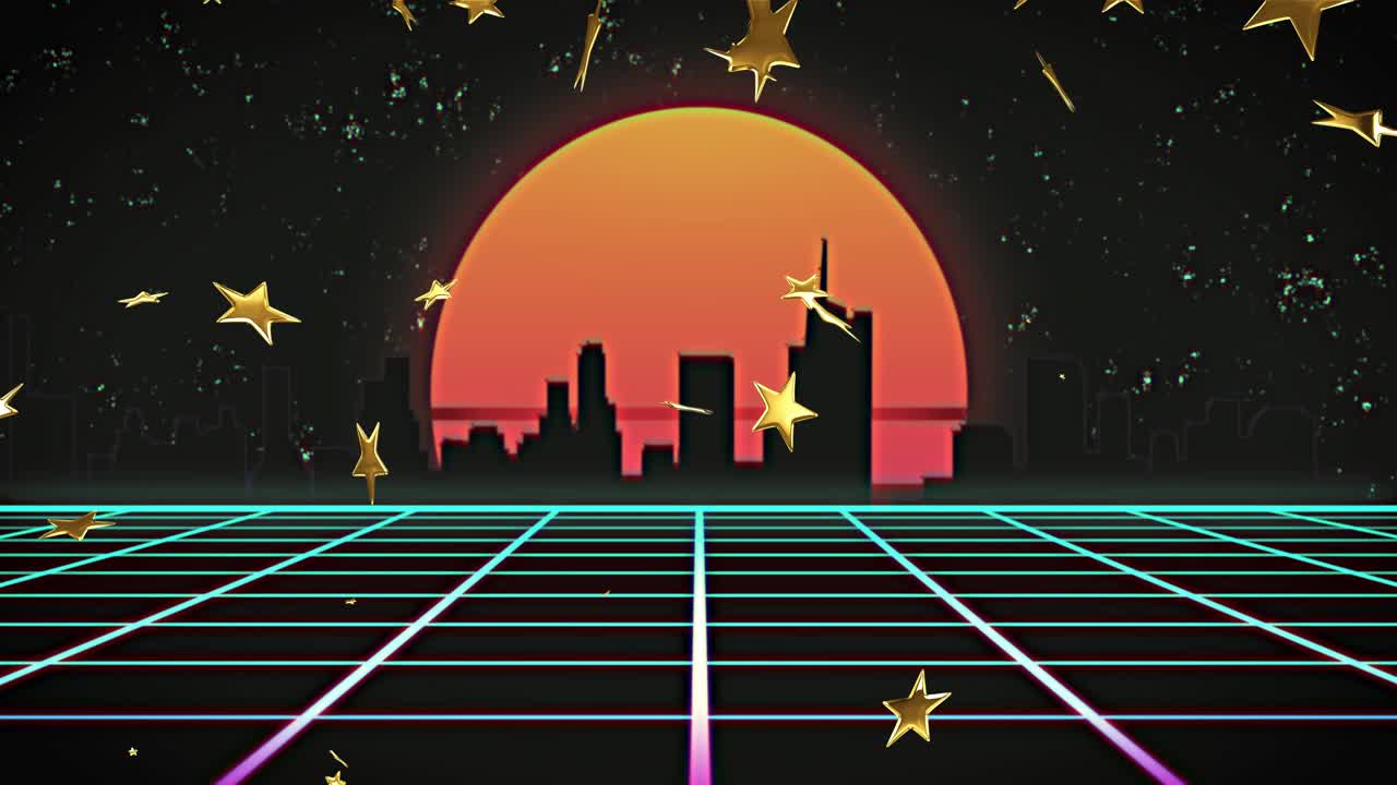 Gold stars drifting sparking fireworks sun or skyline firing bursts neon grid pulsing for synth mood
