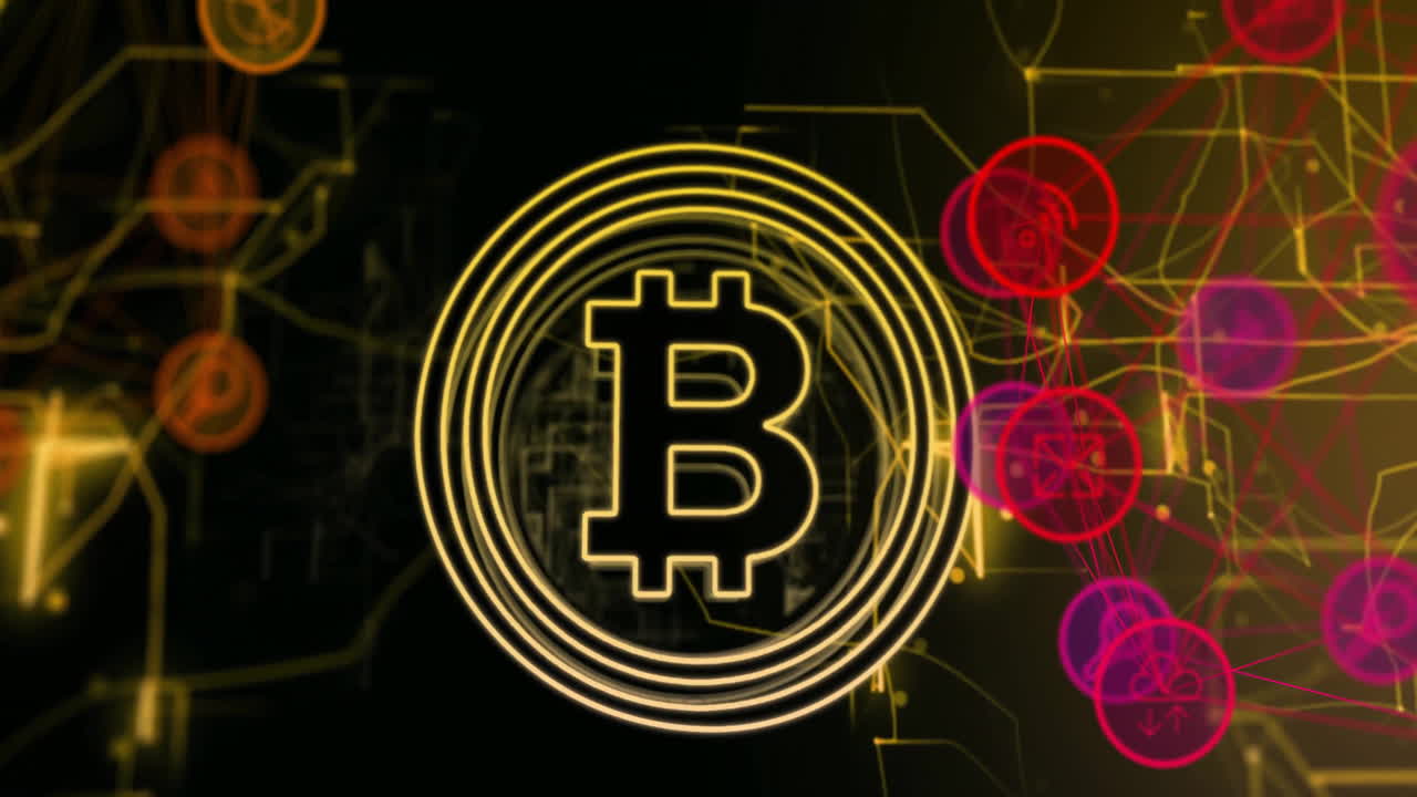 Bitcoin symbol with neon circles and digital network background animation