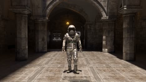 astronauta explorando un antiguo castillo