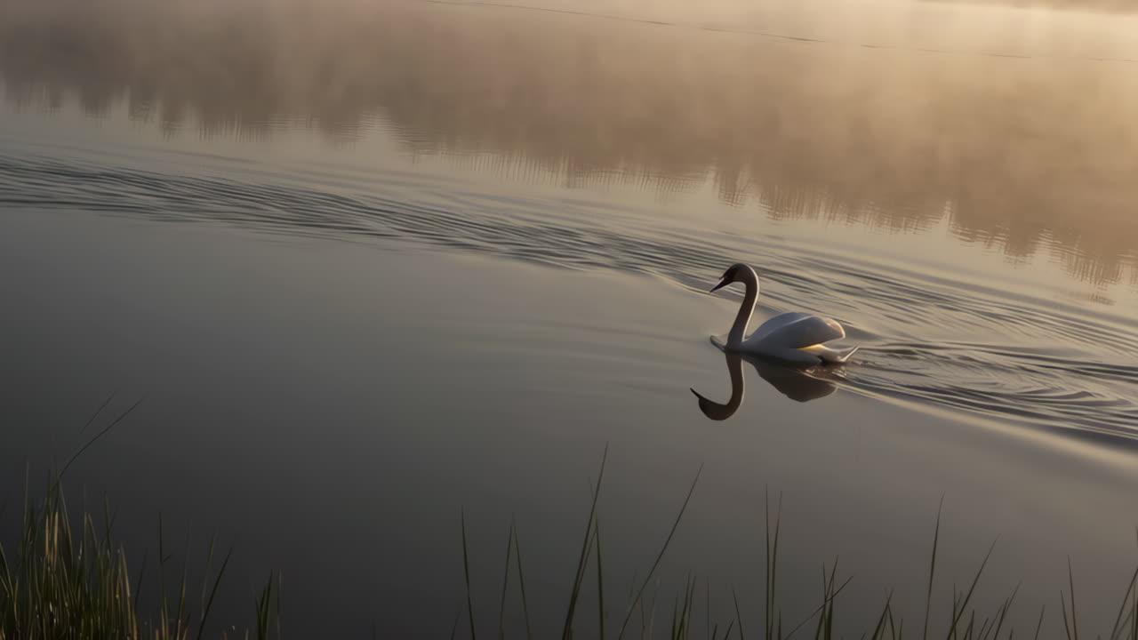 Graceful Swan on a Misty Lake at Dawn