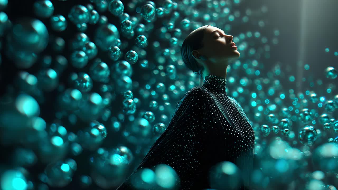A Mystical Journey Through an Ethereal Realm: A Captivating Visual Narrative of a Woman Bathed in Radiant Light Surrounded by Floating Bubbles, Evoking Feelings of Serenity and Wonder