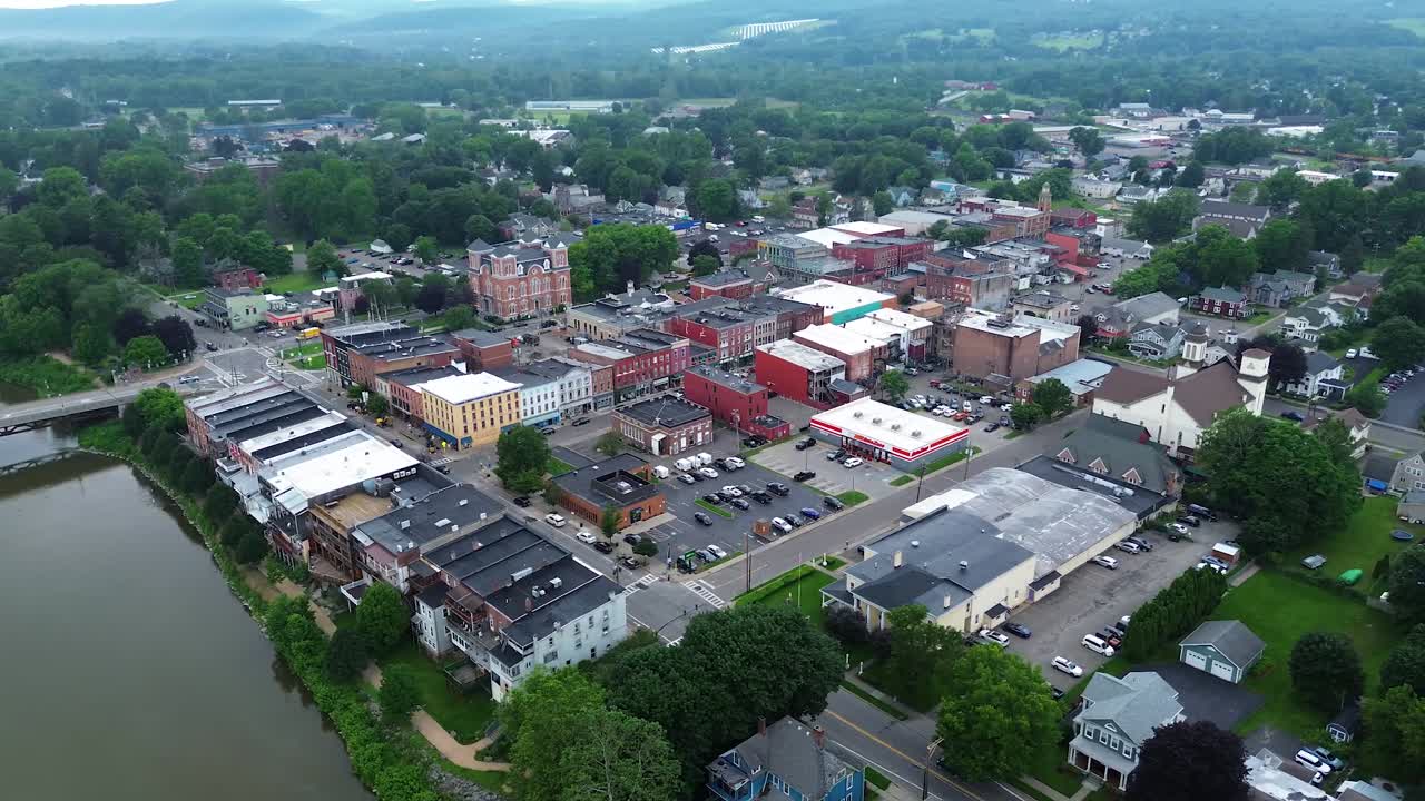 Owego, New York on the Susquehanna River, aerial drone