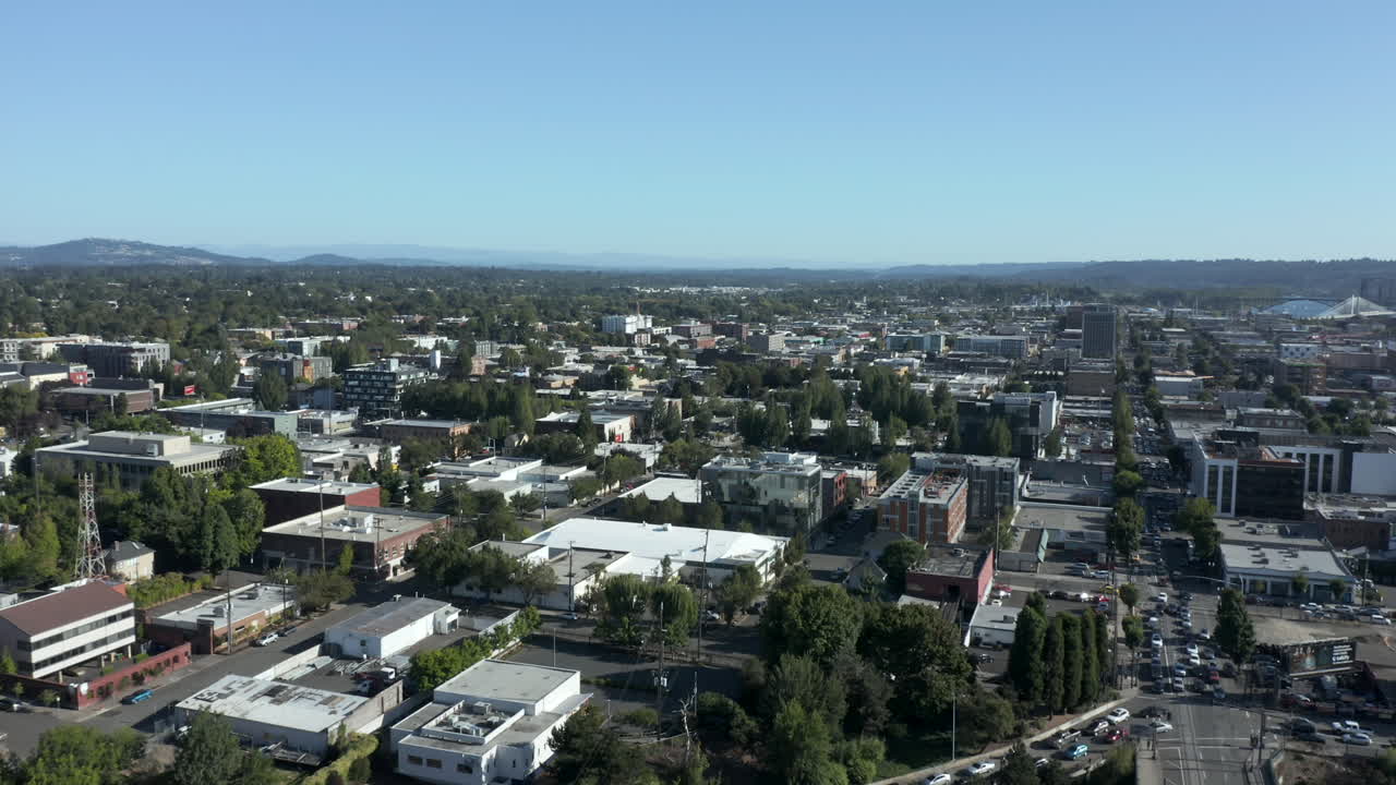 elevated forward dolly over portland east side buildings looking south