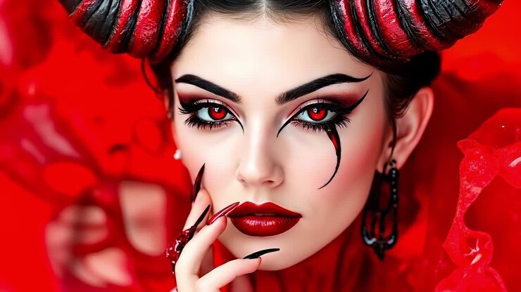 Una donna con trucco rosso e corna sulla testa