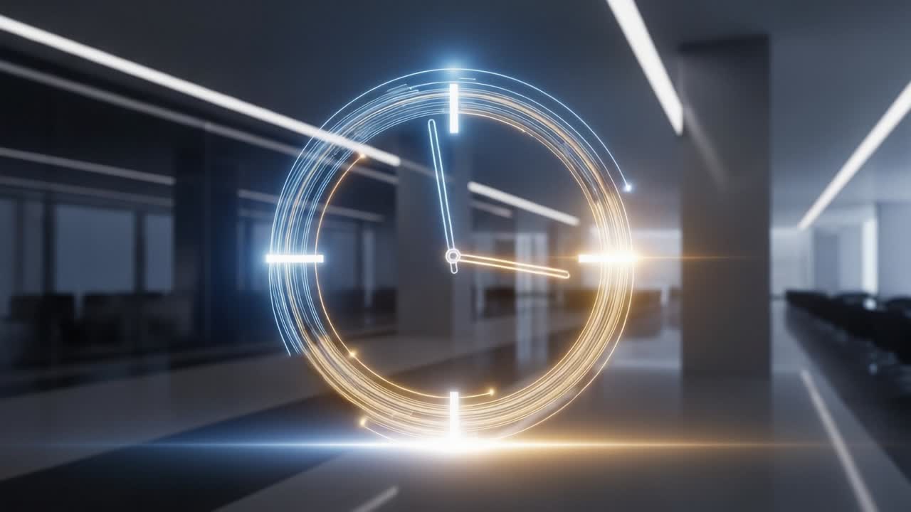 A Futuristic Digital Clock Transitioning Through Time, With Luminous Elements and a Modern Interior Background, Illustrating the Concept of Time Management and Innovation
