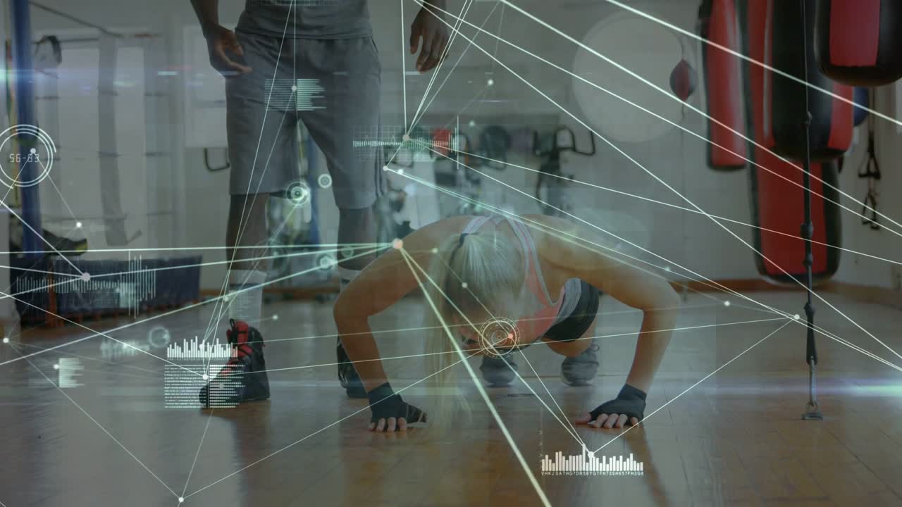 Woman starting plank doing push-ups on fitness floor, trainer entering adjusting form, HUD tracking