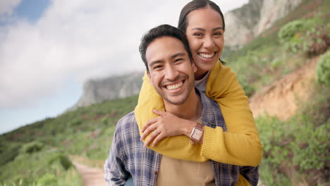 piggy back, hiking and face of couple on mountain