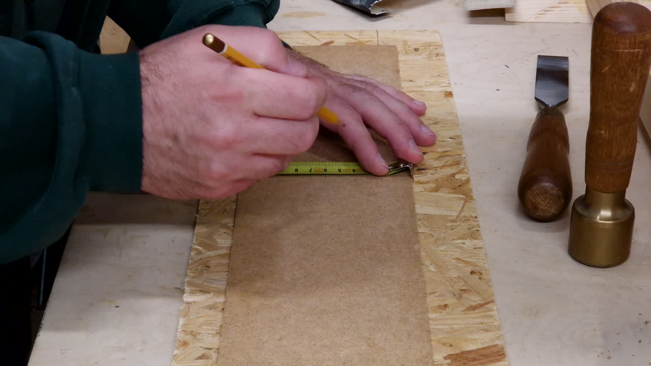 목수 는 테이프 측정기 와 연필 을 사용 하여 작업품 을 표시 한다