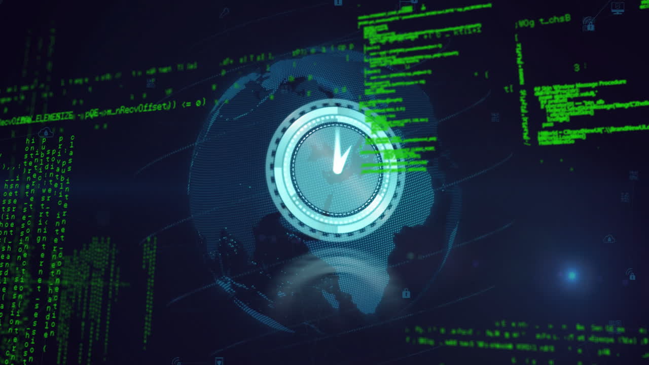 Rotating lock icon on digital globe with green coding text animation