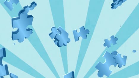 animation of blue puzzle pieces falling over in blue spinning stripes on blue background