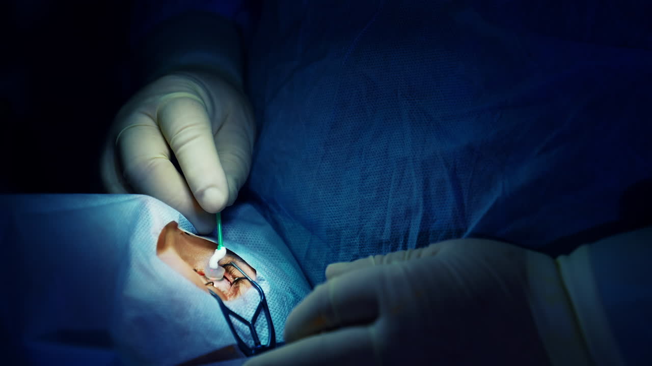 Patient under sterile cover. Surgeon hands performing laser eye vision correction