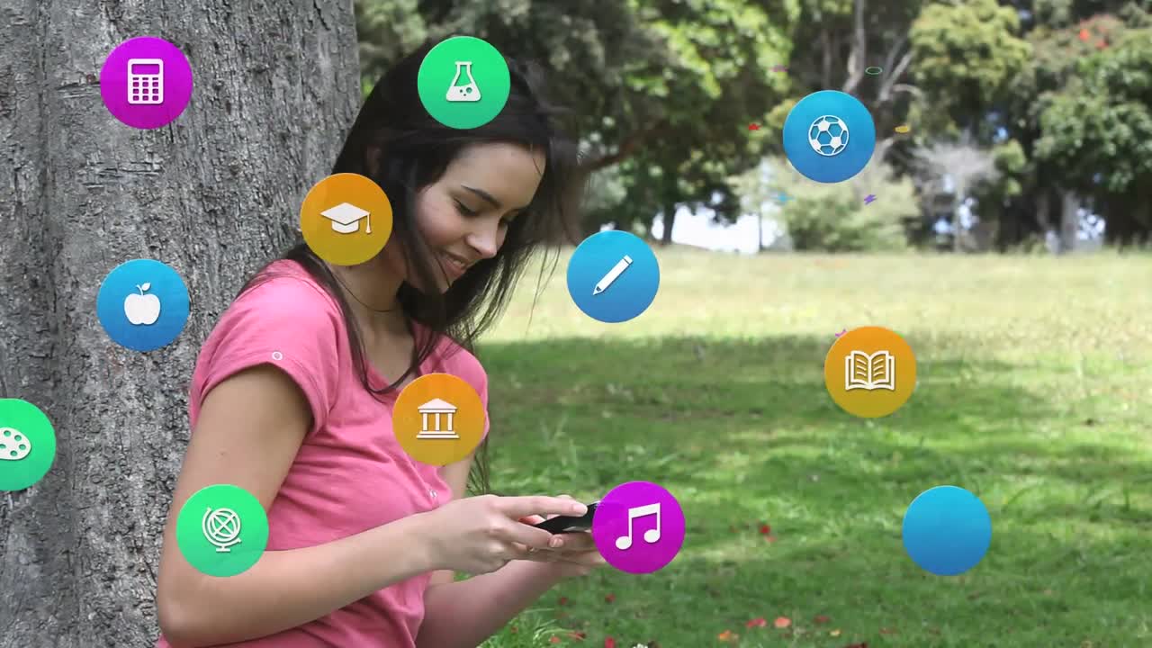 animación de iconos coloridos sobre mujer caucásica usando teléfono inteligente