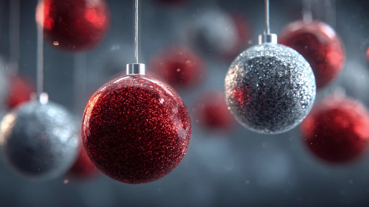 A close-up view of shimmering red and silver Christmas ornaments hanging gracefully, capturing the festive spirit and the beauty of holiday decorations in a dreamy ambiance