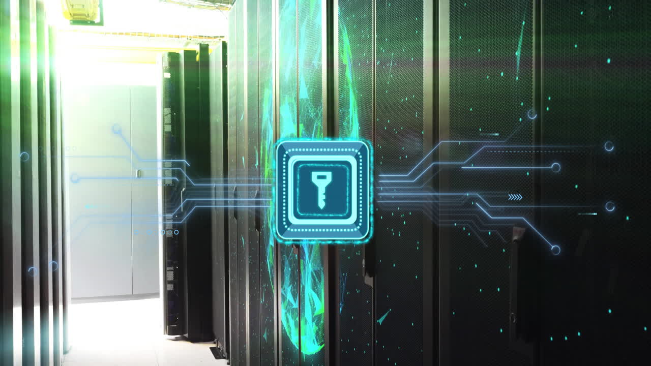 animación del procesamiento de datos digitales con icono de clave a través de servidores informáticos