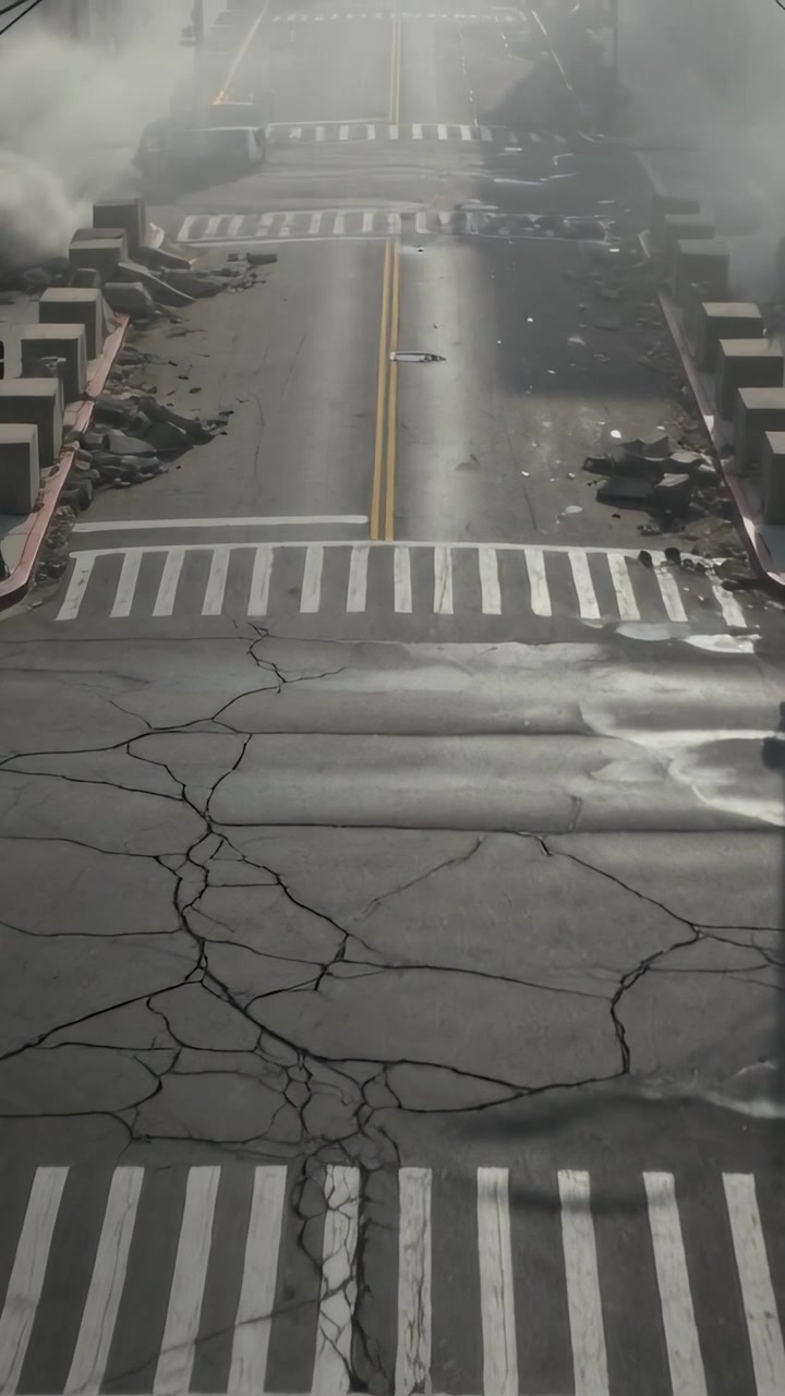 Vertical video: Dust rising revealing center road showing cracked asphalt and barriers in city
