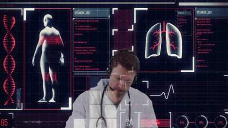 digital interface with medical data processing against portrait of male doctor wearing phone headset