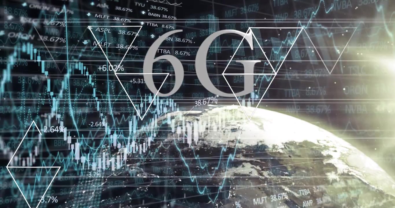 Animation of 6g text over financial and stock market data processing against globe