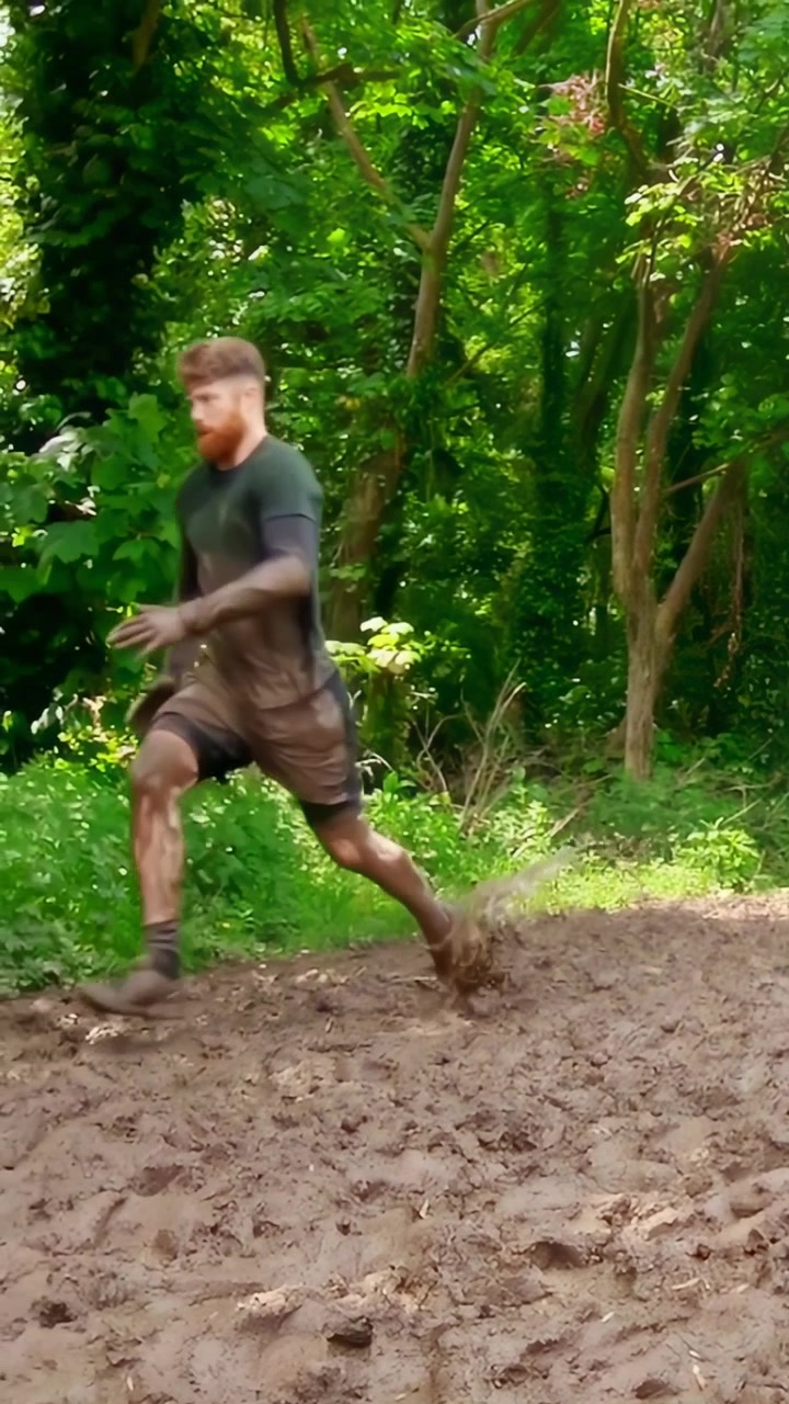 Video verticale: Due uomini con magliette scure escono dagli alberi, corrono lungo un sentiero fangoso, allenamento.