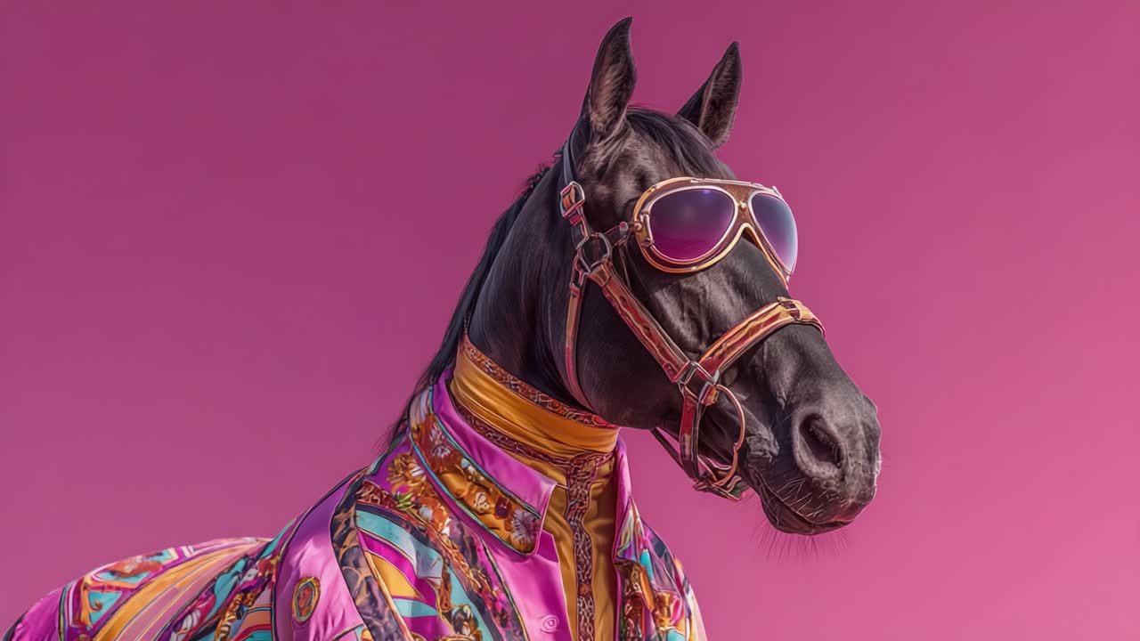 Cavalo Estilosamente Adornado em Traje Vibrante e Elegante Contra um Fundo Rosa Marcante, Apresentando Óculos de Sol Únicos e uma Sela Colorida de Destaque