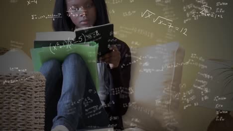 mathematical equations moving against female student studying