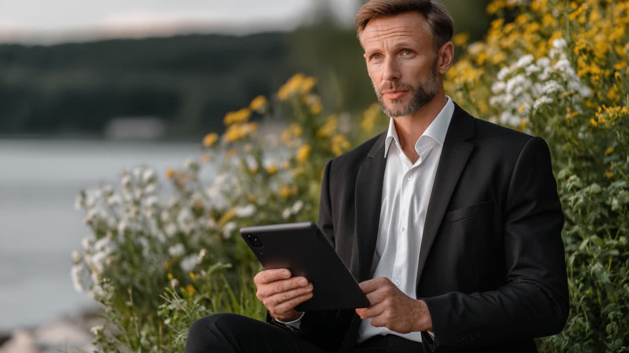 A thoughtful man in formal attire engages with a tablet while seated amidst a vibrant floral backdrop by the serene waterside, capturing a moment of reflection and focus