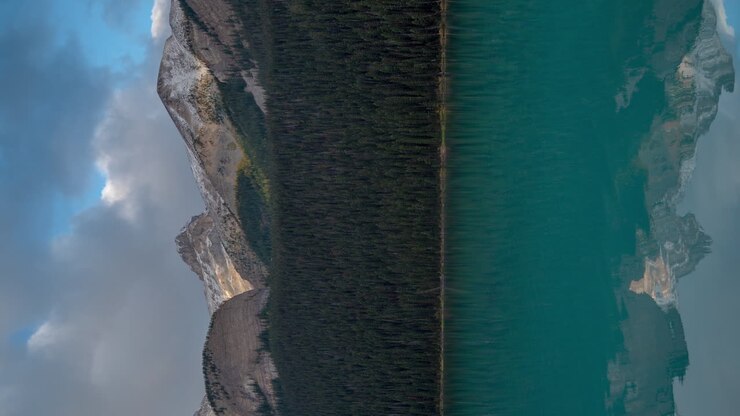 Time-lapse verticale in 4K, acqua glaciale blu e nuvole drammatiche sopra le cime delle montagne innevate