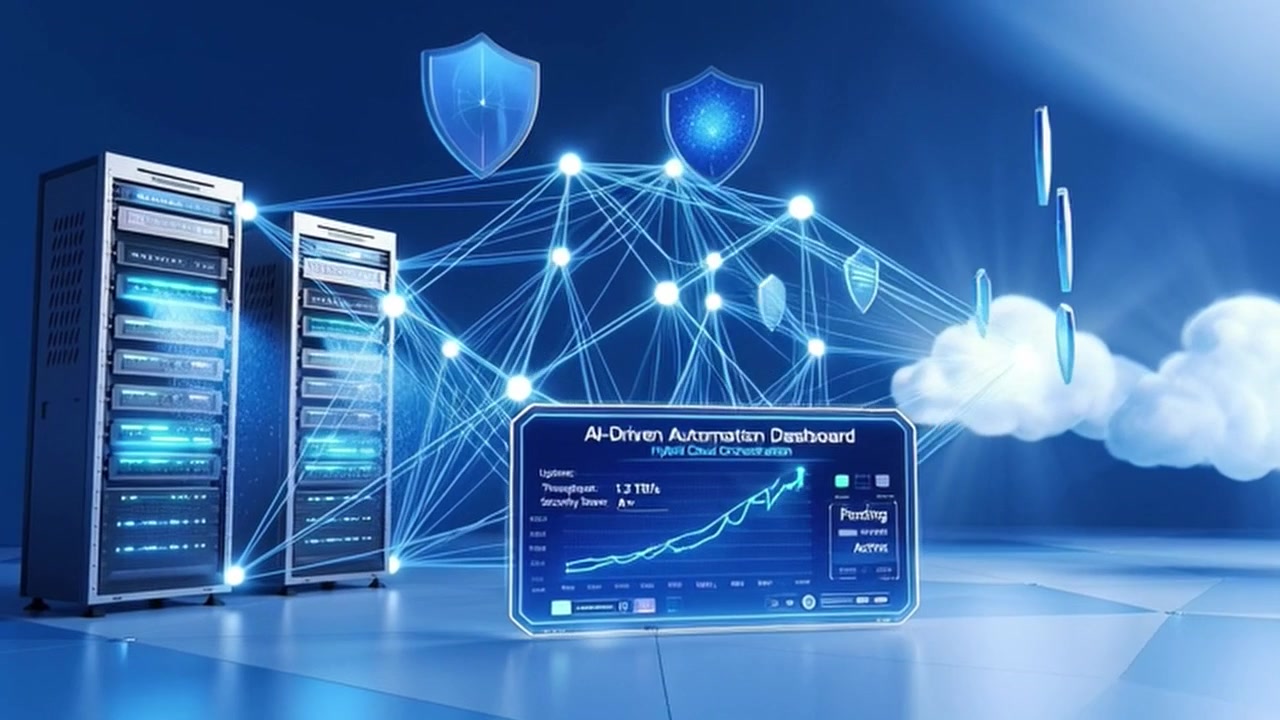 AI-Driven Cloud Infrastructure Dashboard with Server Racks and Network Connectivity