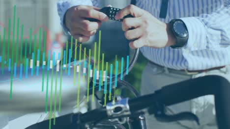 animation of data processing against mid section of a man locking his bicycle at corporate park