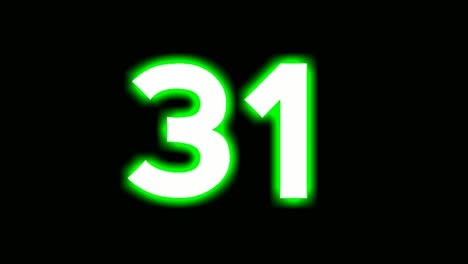 neon number 31 thirty one sign symbol modern animation motion graphics flicking on black background,green color glowing and shining for video elements