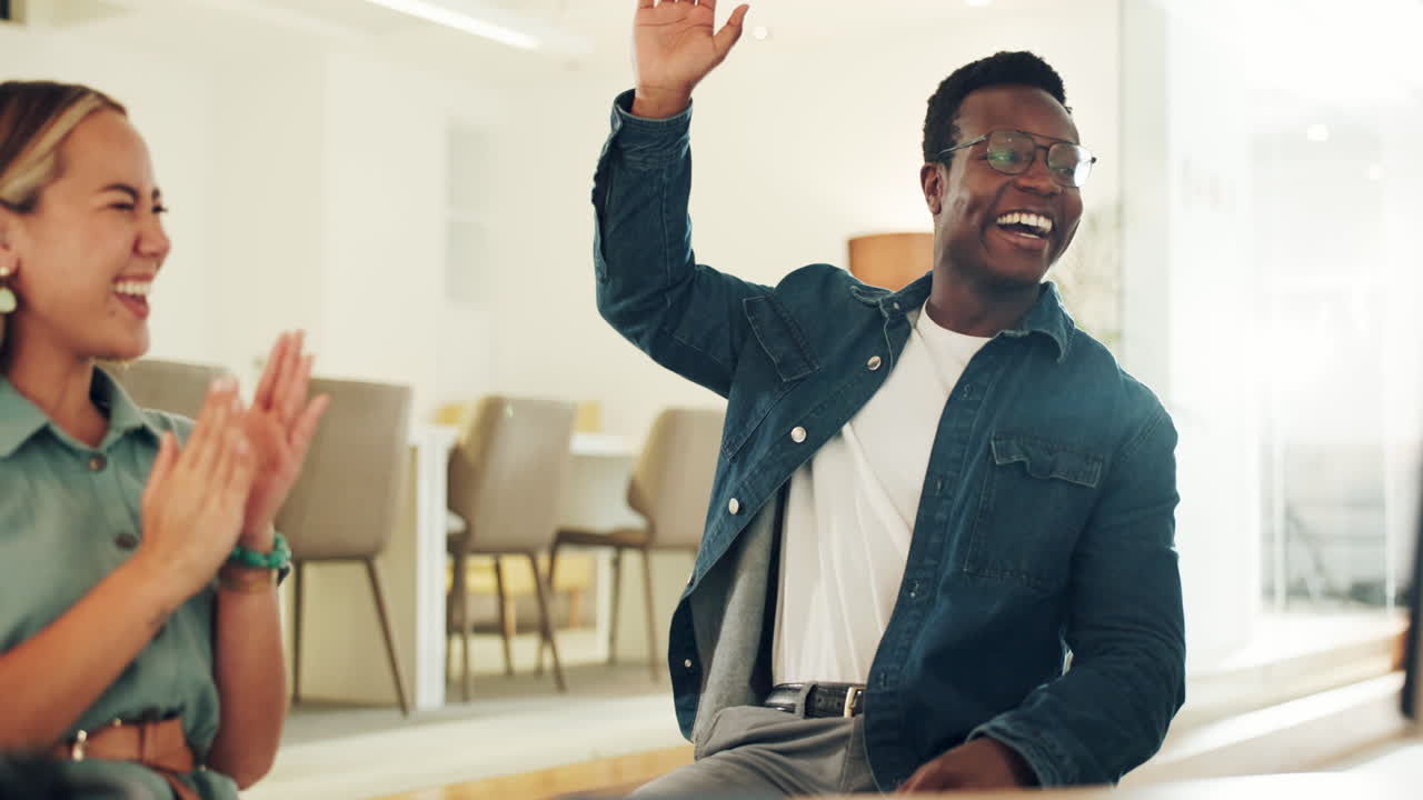 Business team, hands and happiness of a work