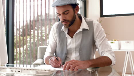 un hombre de negocios serio dibujando en papel.