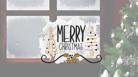 Animación-Del-Texto-De-Feliz-Navidad-Sobre-El-árbol-De-Navidad-Y-La-Ventana-Nevada-De-Invierno