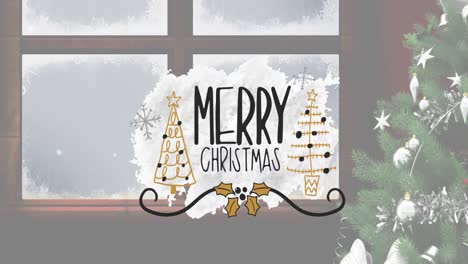 Animation-of-merry-christmas-text-over-christmas-tree-and-winter-snowy-window