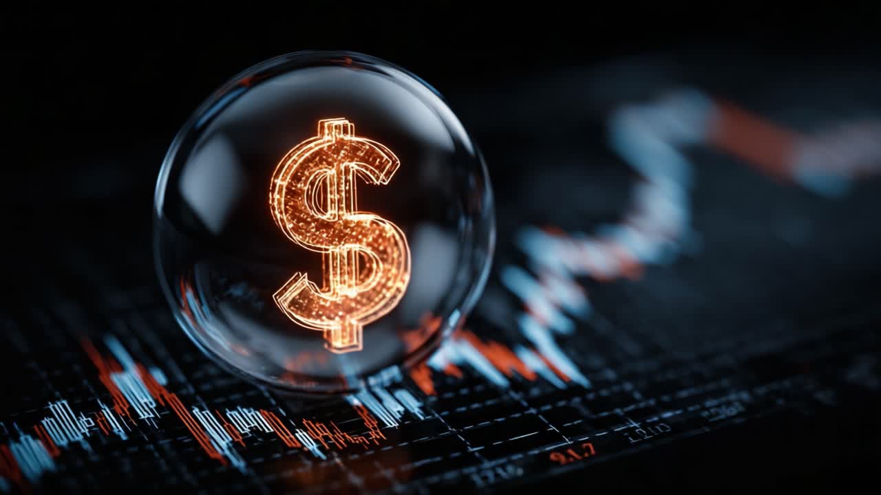 En visuell fremstilling av finansmarkedene: Dollarsymbolet innkapslet i en glasskule, omgitt av aksjegrafer og svingende datatrender mot en mørk bakgrunn.