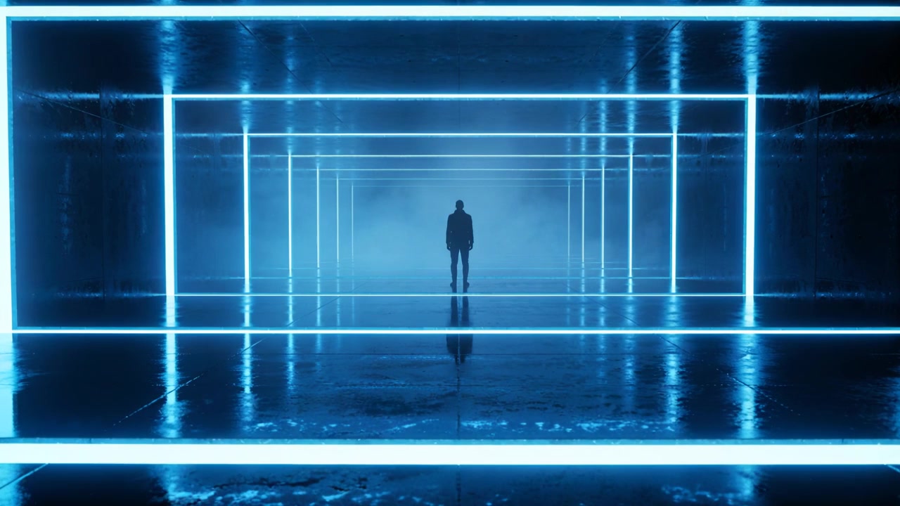 Standing silhouetted man in dark coat in studio, neon frames reflecting, emphasizing lone figure