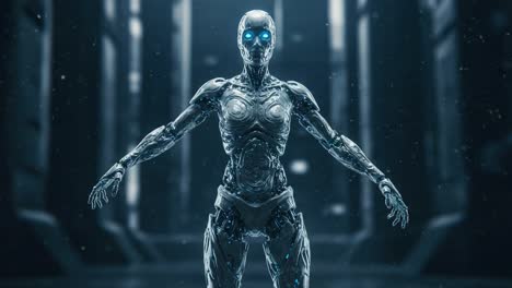 a futuristic android with luminous blue eyes stands in a high-tech environment, showcasing advanced robotics and cybernetic design for future-age exploration