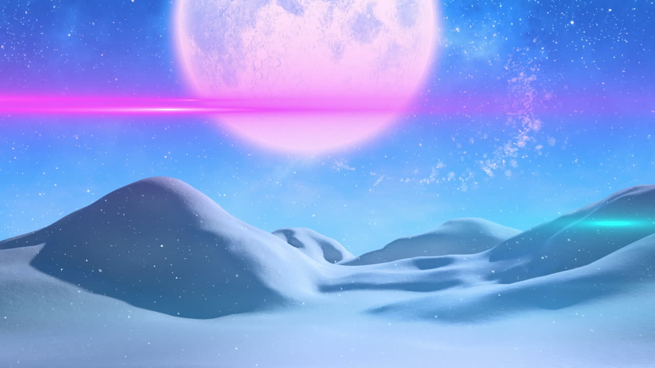Animation of pink line and winter snowy landscape with moon