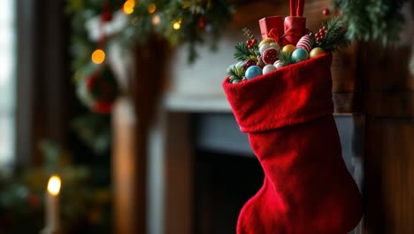 A red Christmas stocking filled with ornaments and gifts hanging by a fireplace