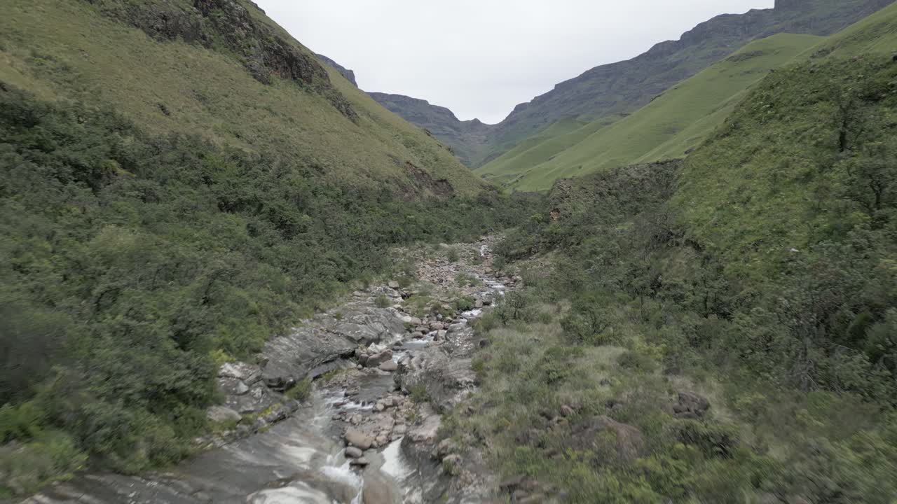 antena: la erosión del agua ha cortado un pequeño río a través de un valle verde y escarpado