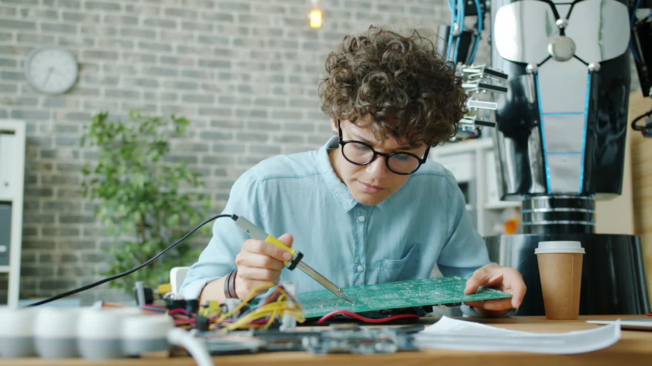 Woman Engineer Repairs Circuit Board in a Robotics Lab