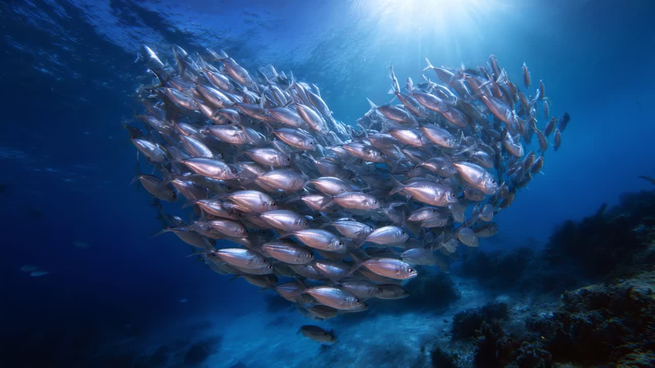 Beautiful Underwater Scene of Fish Forming a Heart Shape in Crystal Clear Ocean Waters, Illuminated by Sunlight Streaming from Above, Showcasing Nature's Artistry