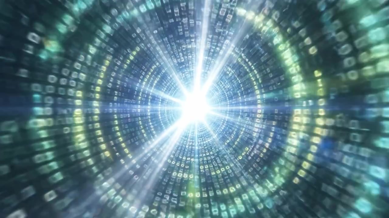 A Journey Through a Digital Tunnel: Illuminating the Path of Data and Connectivity Towards a Brilliant Core of Light in an Abstract Visualization