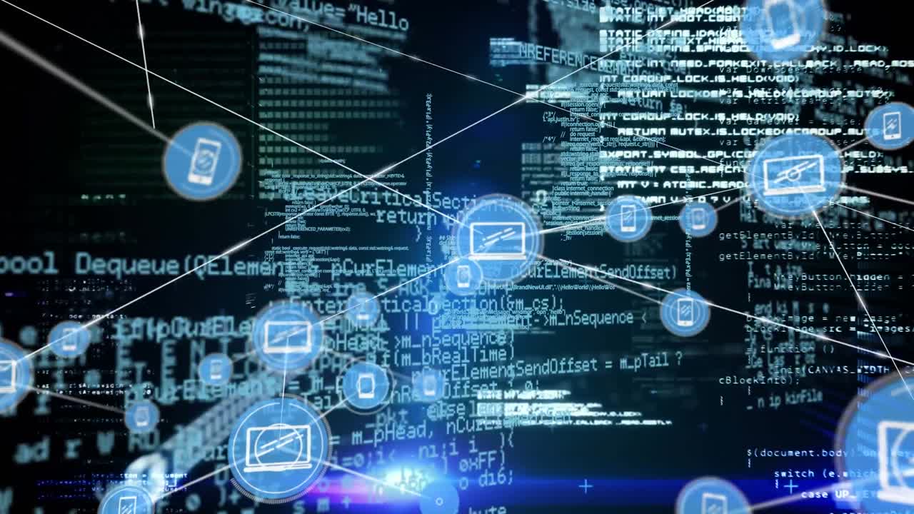 데이터 처리와 함께 검은 바탕에 아이콘으로 연결 네트워크의 애니메이션