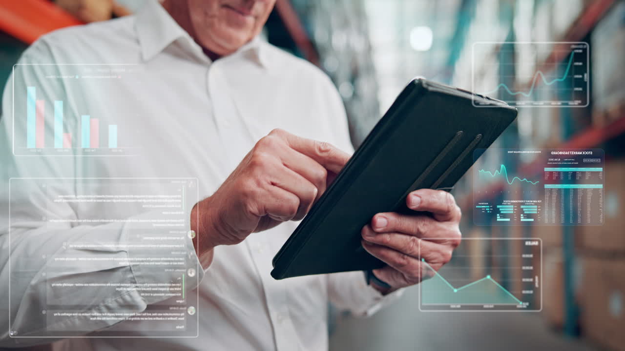 Man Using Digital Tablet with Data Overlays in a Warehouse