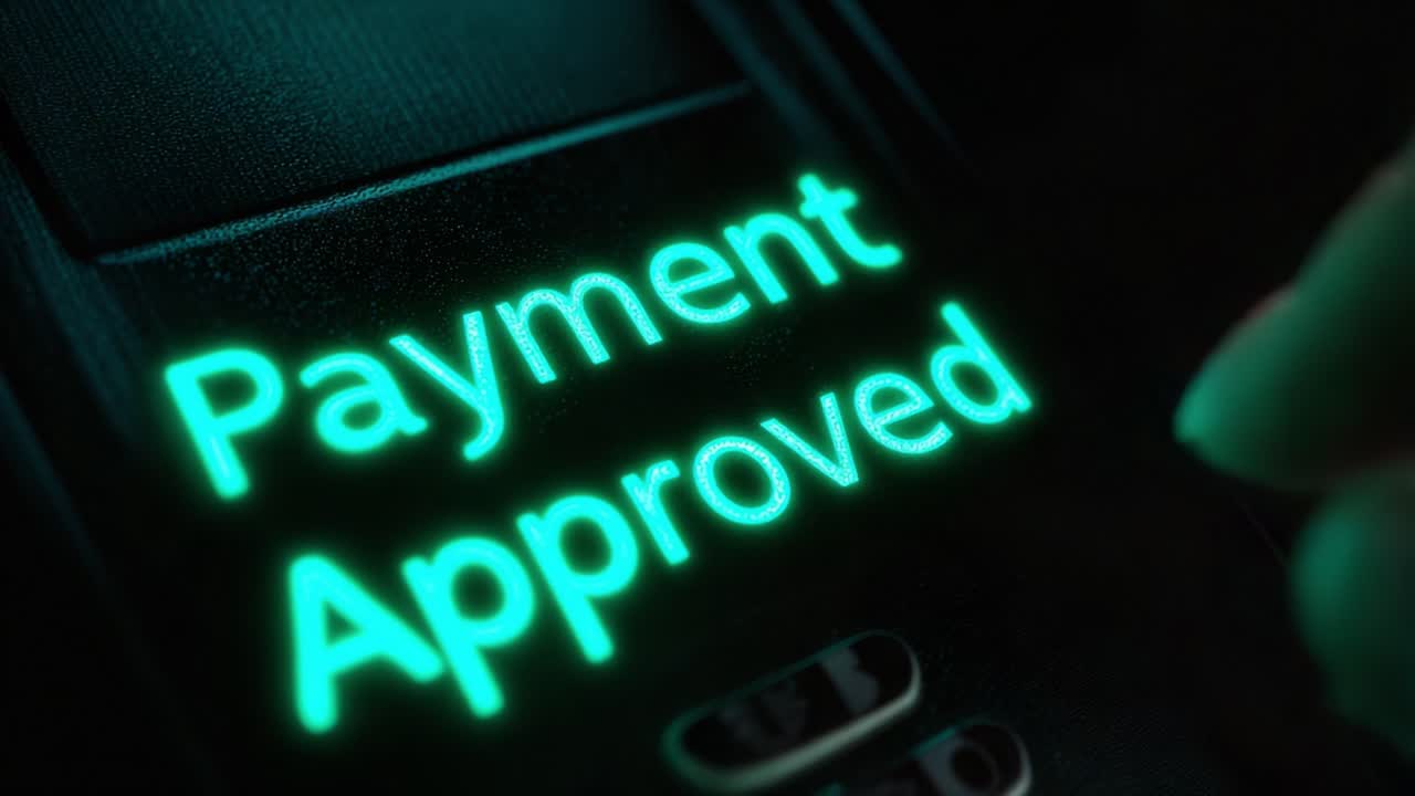 A close-up view of a glowing display confirming payment approval, highlighting the technological advancements in digital transactions and the convenience of modern payment solutions