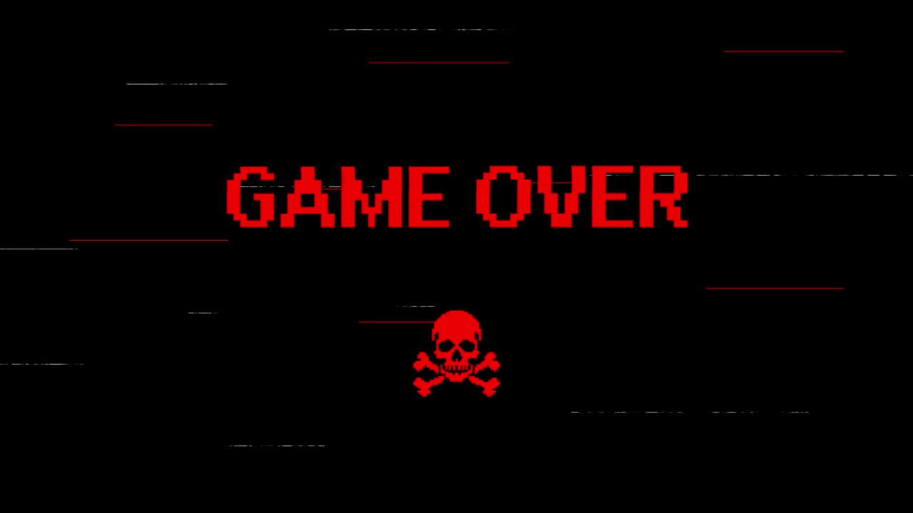 Retro Pixelated Game Over Screen with Glitch Effect and Skull
