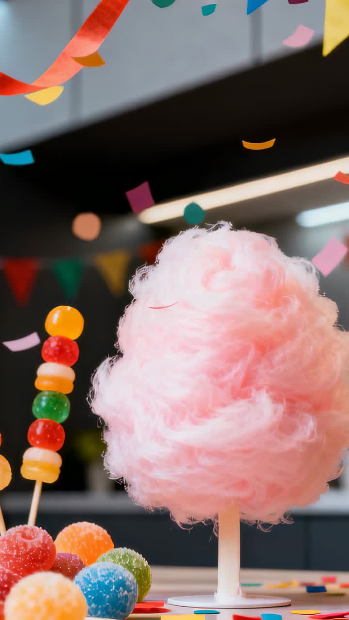 Video verticale: Coriandoli fluttuanti che animano uno zucchero filato rosa su un piedistallo bianco su un tavolo da festa.