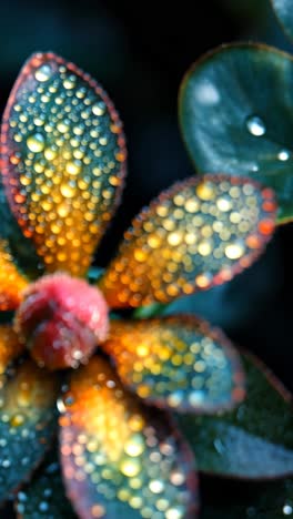 close-up of a colorful flower with dew droplets on its leaves