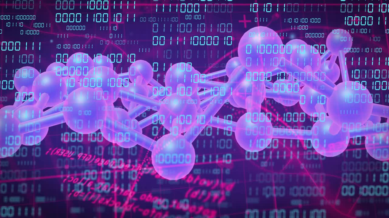 Molecular chain appearing and translating across binary field, pulsing and mapping data patterns