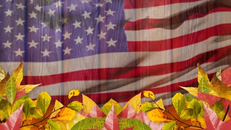 animation of autumn leaves over flag of united states of america in background